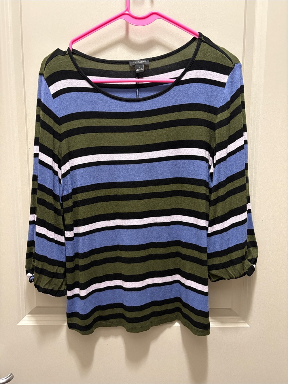 Ann Taylor Striped Long Sleeve Top in Olive, Blue, Black & White